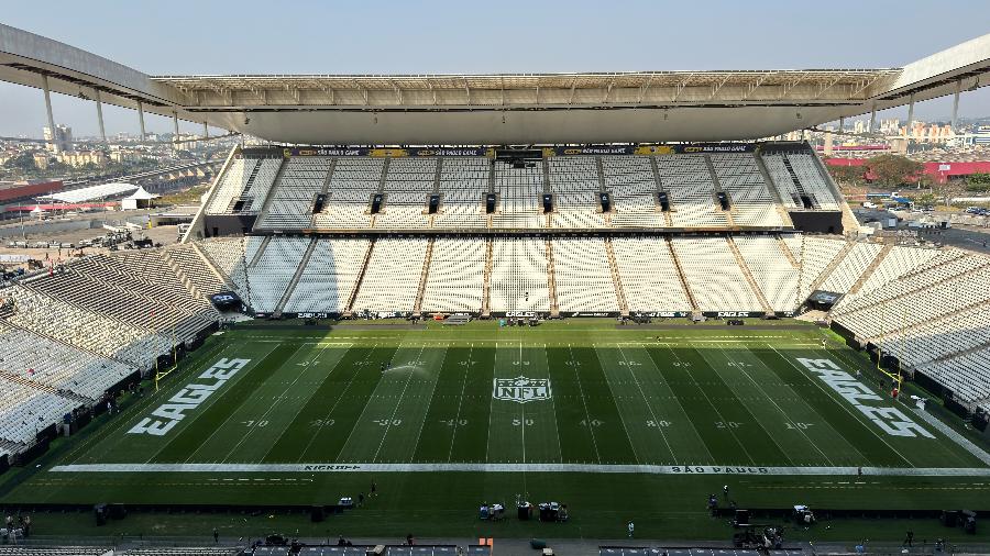 Neo Química Arena preparada para o jogo da NFL entre Eagles e Packers - Vinícius Alves/ Agência Corinthians