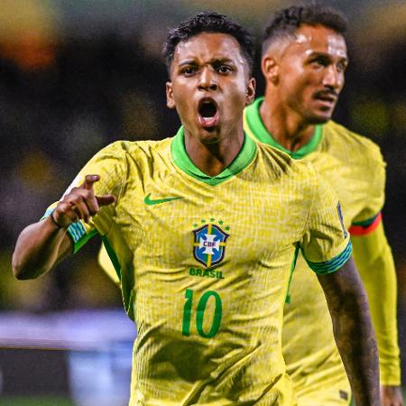 Rodrygo comemora gol em Brasil x Equador, duelo das Eliminatórias