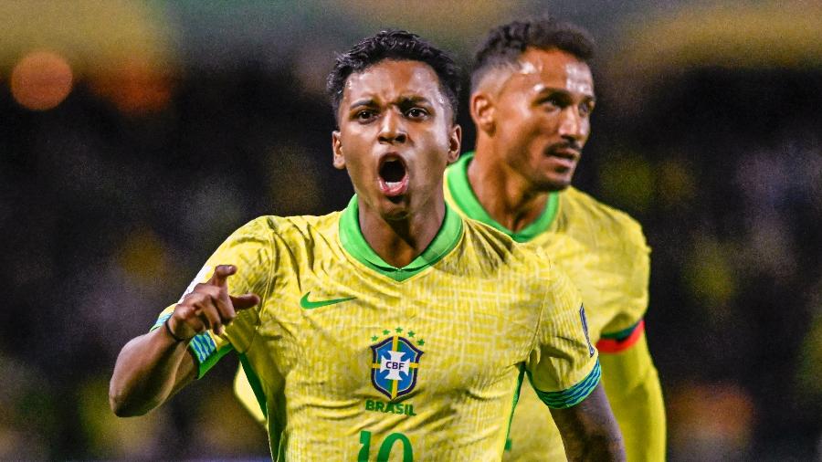 Rodrygo comemora gol em Brasil x Equador, duelo das Eliminatórias