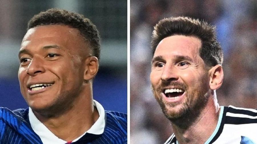 Mbappé, da França, e Messi, da Argentina, durante jogos da Copa do Mundo