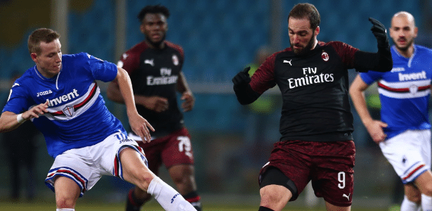 Higuaín, atacante do Milan, disputa bola com defensor da Sampdoria - Reprodução/Milan - Reprodução/Milan