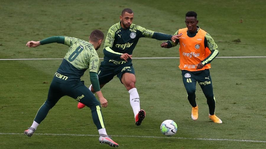 Jogadores do Palmeiras em ação em treino na Academia de Futebol - Cesar Greco/Palmeiras