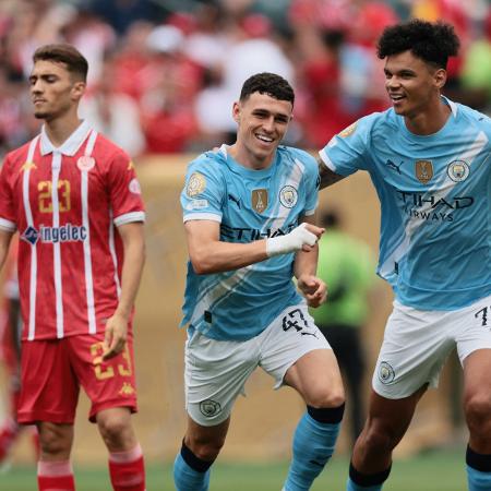 Foden comemora ao marcar pelo Manchester City contra o Wydad Casablanca, pelo Mundial Foden comemora ao marcar pelo Manchester City contra o Wydad Casablanca, pelo Mundial