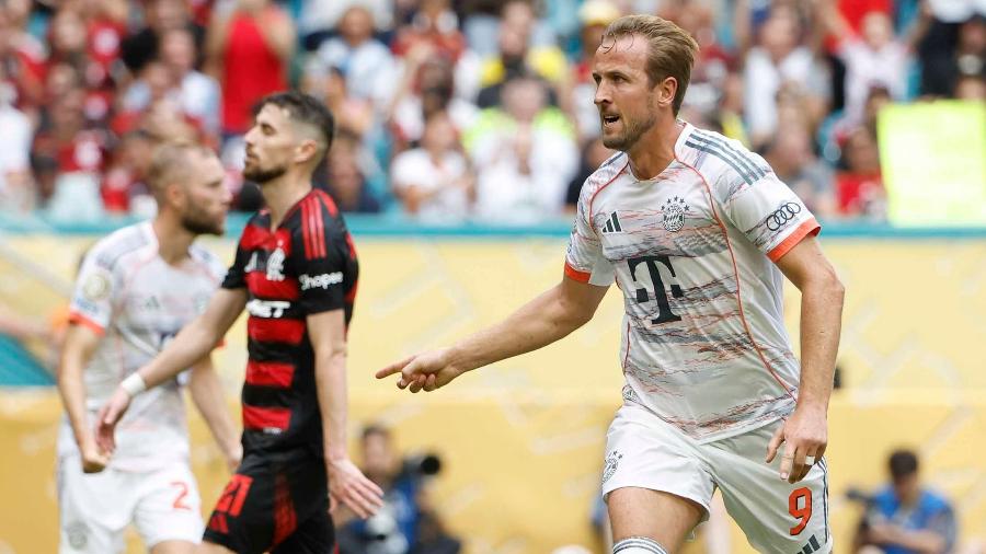 Harry Kane comemora após marcar para o Bayern de Munique contra o Flamengo pelo Mundial de Clubes Harry Kane comemora após marcar para o Bayern de Munique contra o Flamengo pelo Mundial de Clubes