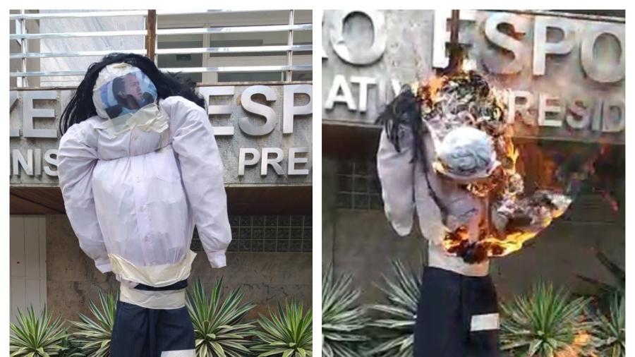 Grupo de torcedores queimou boneco do presidente cruzeirense na porta do prédio da sede administrativa do clube - Reprodução
