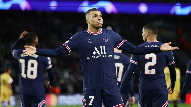 Kylian Mbappé celebrates one of his goals against Club Brugge in the 2021-22 Champions League - REUTERS/Sarah Meyssonnier - REUTERS/Sarah Meyssonnier