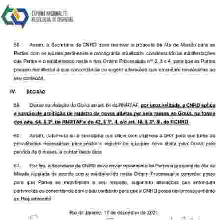 Trecho de documento da CNRD sobre a punição ao Goiás por dívida de Michael - Reprodução/CBF - Reprodução/CBF