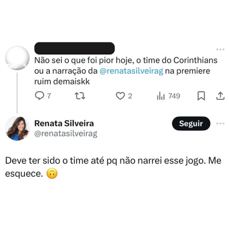 Renata Silveira rebate torcedor que a criticou por narração de jogo que ela não participou.