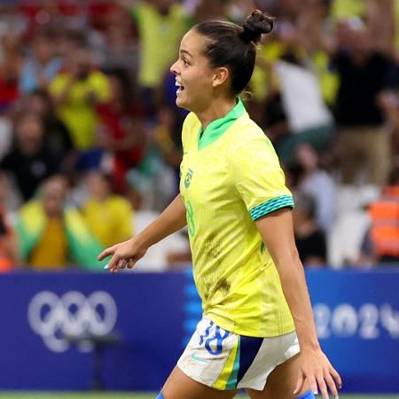 Gabi Portilho comemora gol marcado pela seleção brasileira contra a Espanha, pelas Olimpíadas de Paris-2024