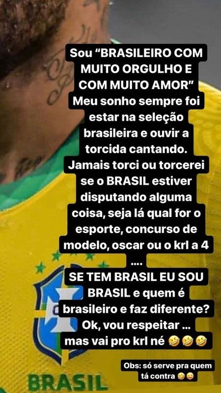 Neymar corneta brasileiros que declararam torcida à Argentina na final da Copa América - Instagram - Instagram
