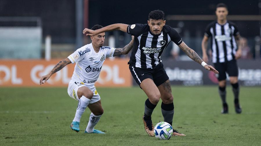 Tiquinho Soares, do Botafogo, em ação contra o Santos, pelo Brasileirão