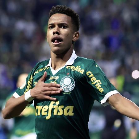 Estêvão comemora gol marcado pelo Palmeiras contra o Atlético-GO, pelo Brasileirão