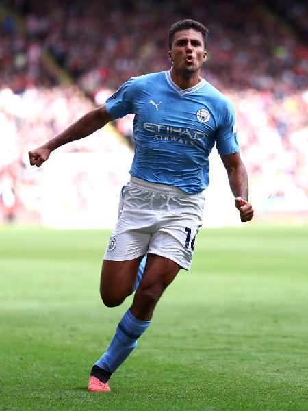 Rodri, do Manchester City, comemora gol contra o Sheffield pelo Campeonato Inglês