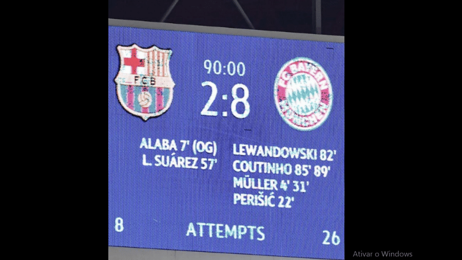 Foto do placar de Bayern de Munique 8 a 2 no Barcelona - Reprodução web : // Twitter Bayern de Munique