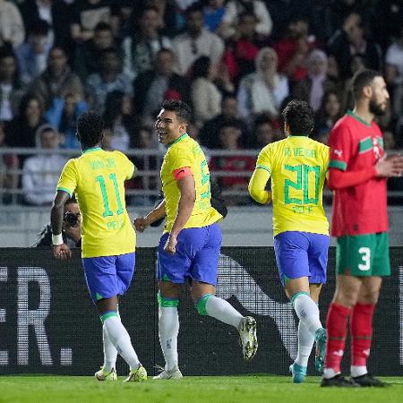 Casemiro comemora seu gol no amistoso do Brasil contra Marrocos - Alex Caparros/Getty