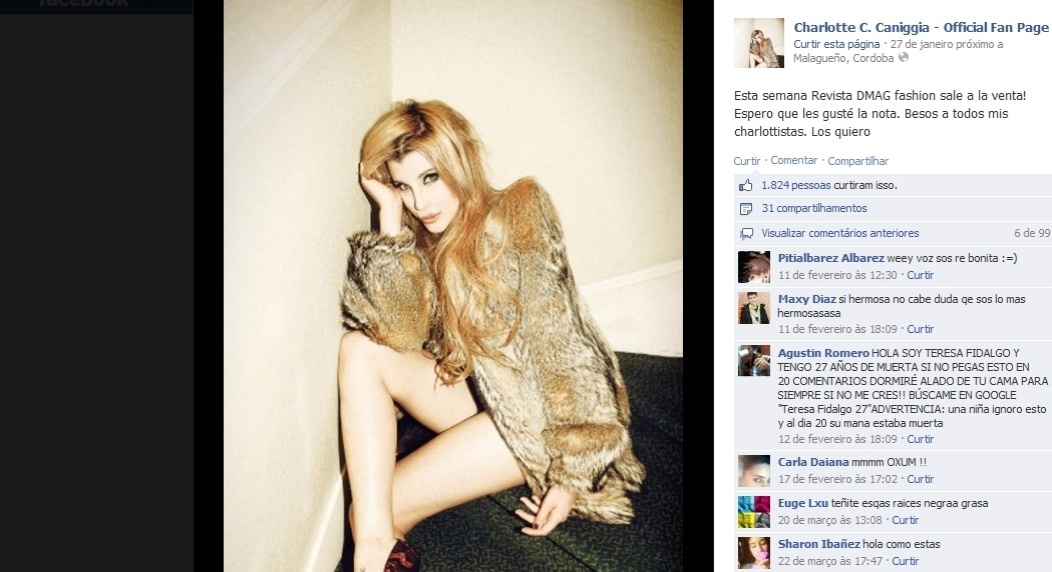 Charlotte Caniggia fez produções sensuais para algumas revistas, integrou um reality show e participou de um programa de TV em que fazia striptease - Reprodução/Facebook