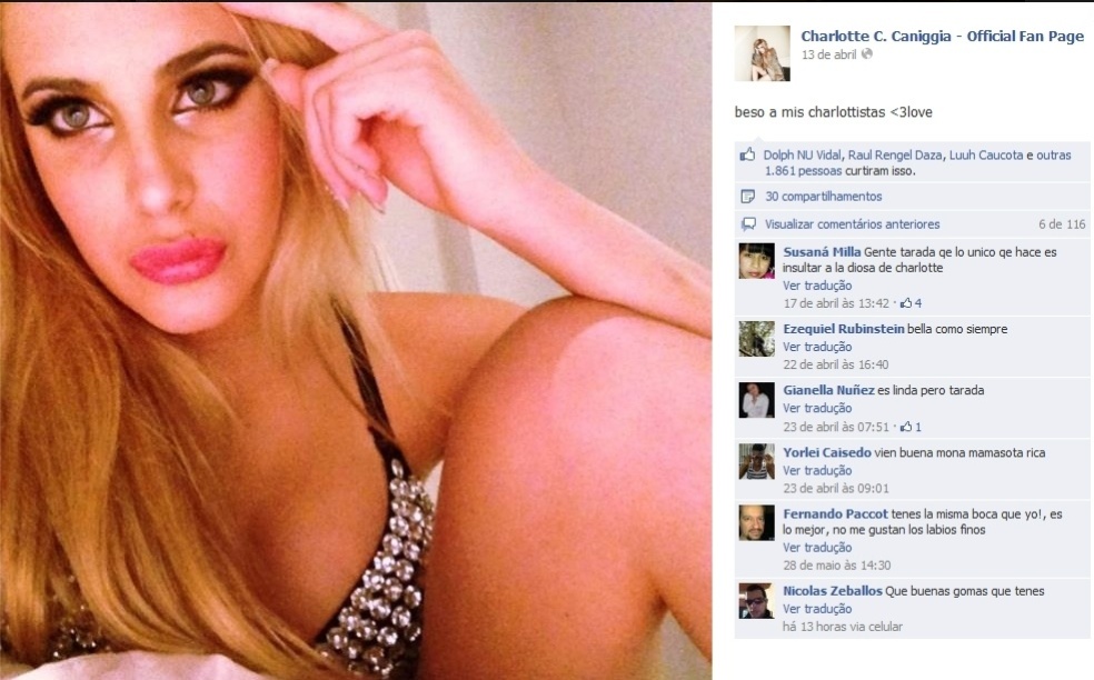 Filha do ex-jogador da seleção argentina Caniggia, Charlotte ficou famosa pelas fotos ousadas na internet e pela série de plásticas que realizou - Reprodução/Facebook