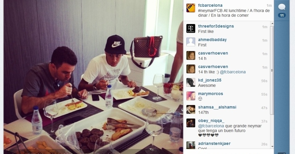 Neymar almoça pouco antes de ser apresentado ao público no estádio Nou Camp - Instagram/Barcelona