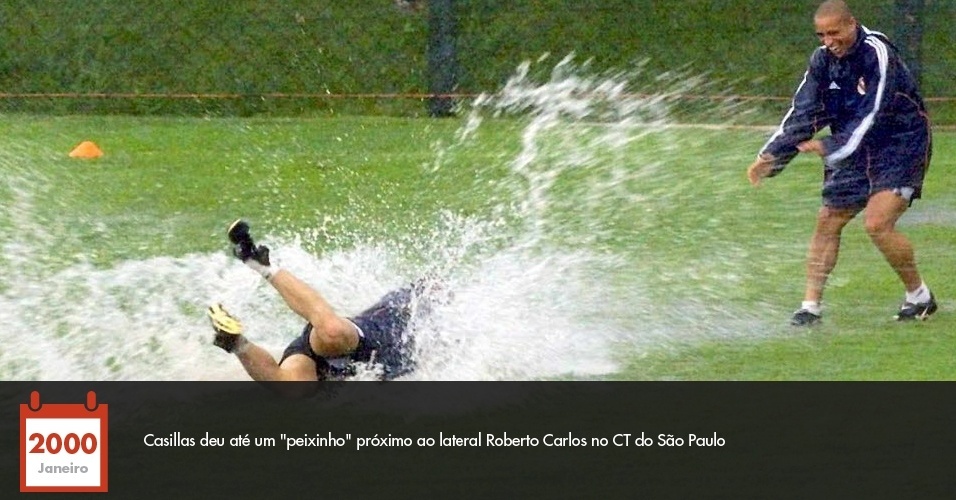 Casillas deu até um "peixinho" próximo ao lateral Roberto Carlos no CT do São Paulo