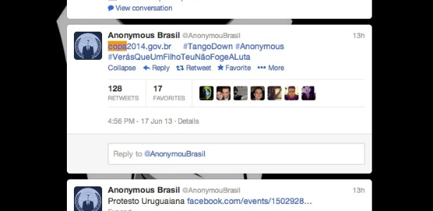 Perfil do Anonymous Brasil no twitter anuncia ataque ao Portal da Copa