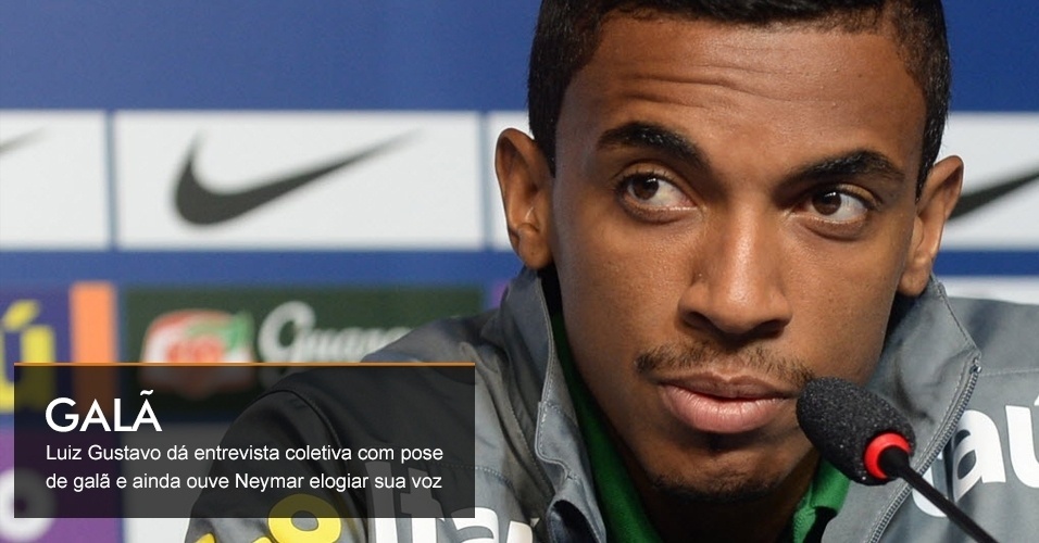 Galã - Luiz Gustavo dá entrevista coletiva com pose de galã e ainda ouve Neymar elogiar sua voz