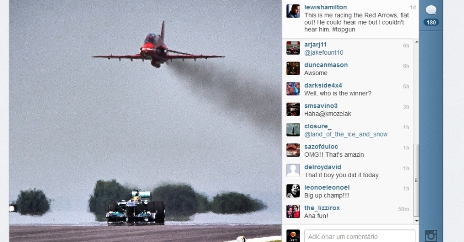 29.jun.2013 - Lewis Hamilton aproveitou sua visita à RAF para apostar uma corrida: ele, no volante de uma Mercedes, 'desafiou' um caça da RAF - Reprodução/Instagram