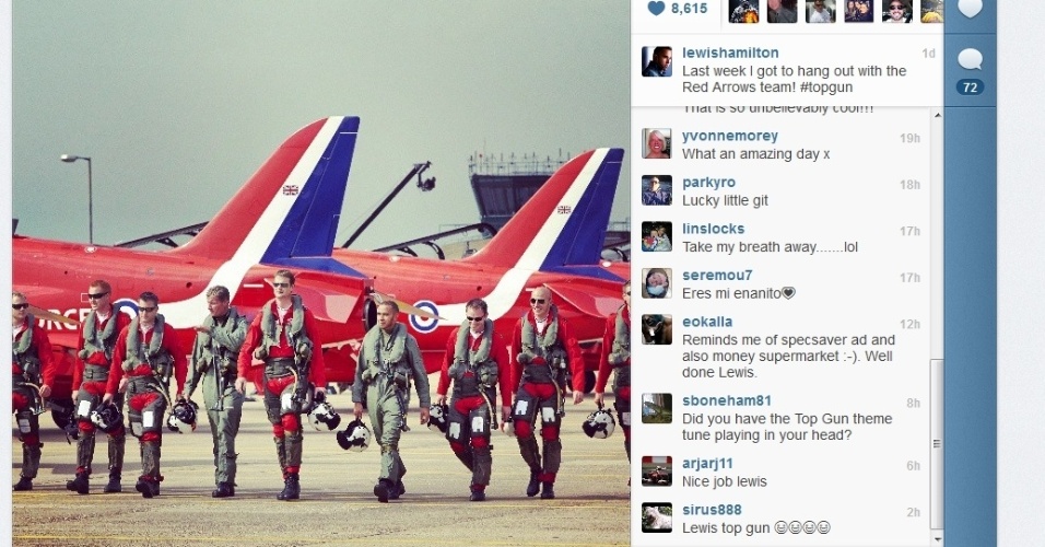 29.jun.2013 - Lewis Hamilton aproveitou uma folga em sua agenda para visitar a Royal Air Force, a Força Aérea britânica - Reprodução/Instagram
