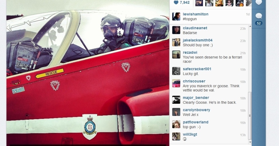 29.jun.2013 - Lewis Hamilton sentiu o gostinho de andar em um caça da RAF, a Força Aérea britânica - Reprodução/Instagram