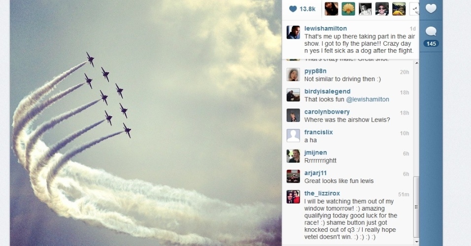 29.jun.2013 - Lewis Hamilton sentiu o gostinho de voar em um caça da RAF, a Força Aérea britânica - Reprodução/Instagram