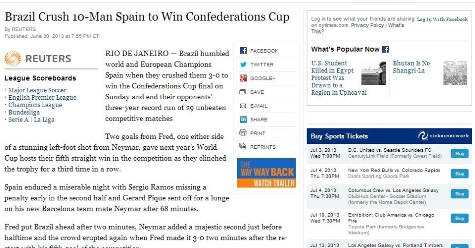 Em matéria da agência internacional Reuters, publicado no New York Times, dos EUA, jornalista diz que Brasil esmagou Espanha