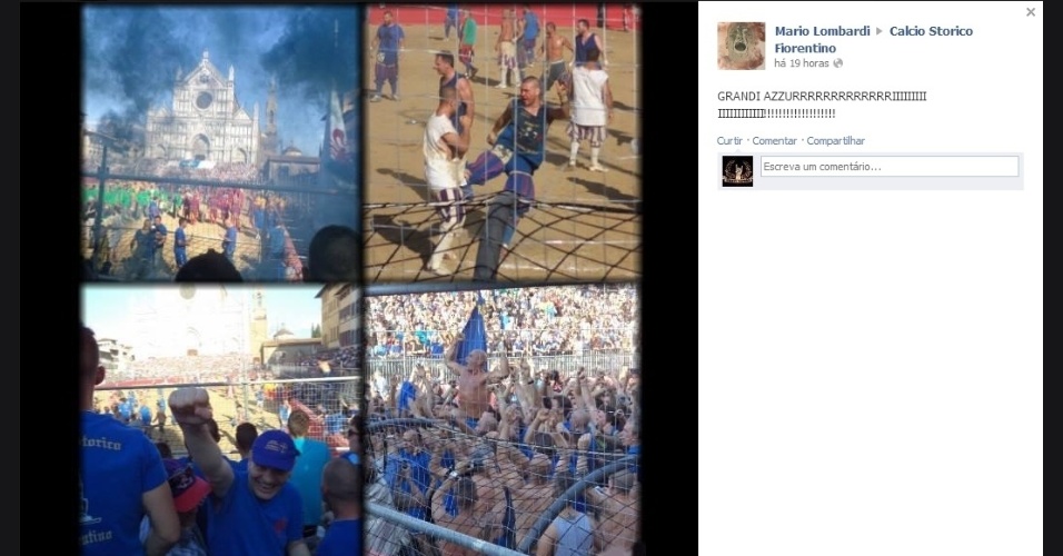 01.jun.2013 - A final do calcio fiorentino foi disputada no último domingo na Piazza Santa Croce, em Florença, e o título ficou com o time azul - Reprodução/Facebook