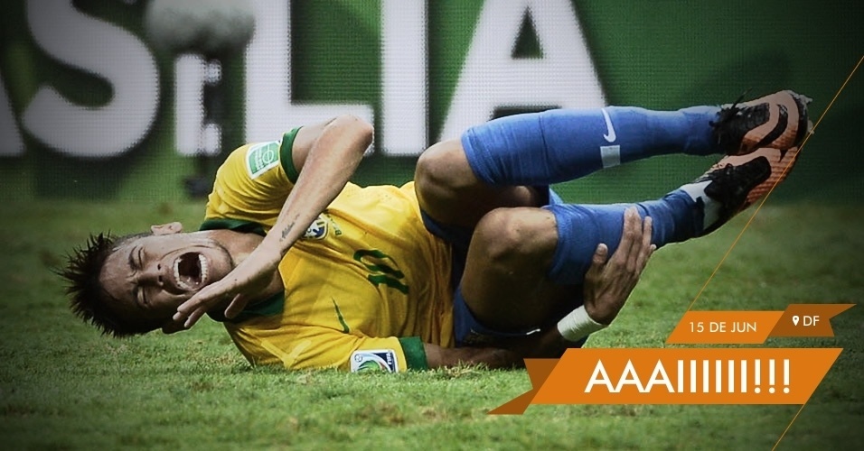 AAAAIIIIIIII!!!!! - Neymar cai no gramado e grita de dor após receber falta no jogo de estreia do Brasil na Copa das Confederações, contra o Japão em Brasília