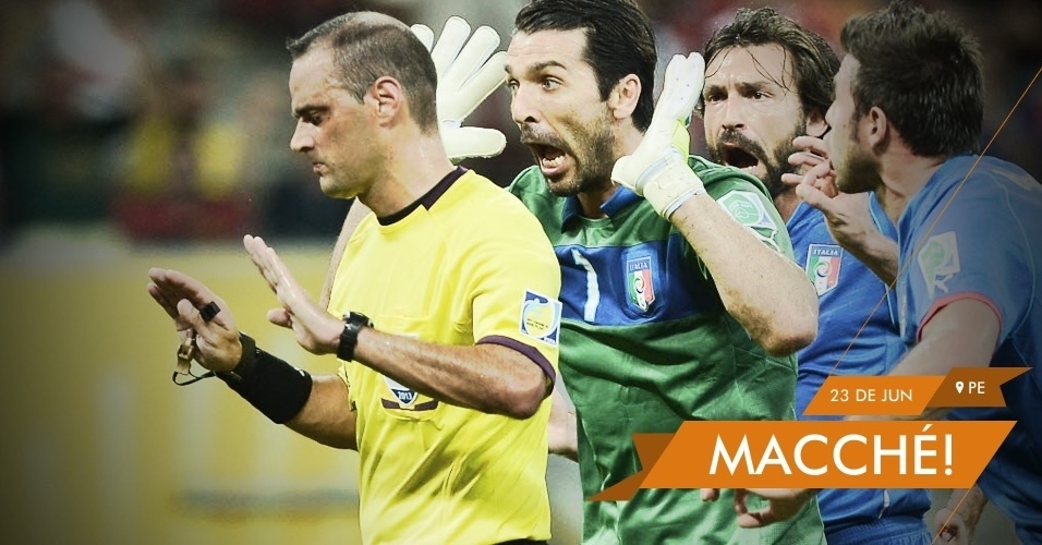 MACCHÉ! - Buffon, Pirlo e Barzagli reclamam do árbitro Diego Abal que marcou pênalti a favor do Japão no confronto da primeira fase. A Itália venceu o jogo no sufoco pelo placar de 4 a 3