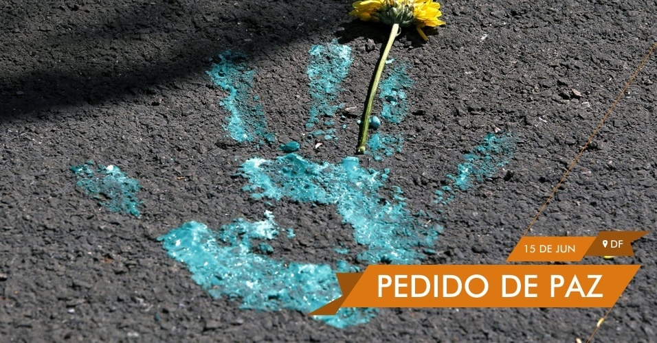 PEDIDO DE PAZ - Mão pintada na rua e flor são recados deixados por manifestantes em Brasília pedindo paz nos protestos contra a Copa do Mundo