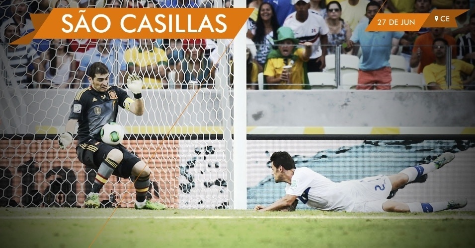 SÃO CASILLAS - Goleiro espanhol Casillas defende cabeçada à queima-roupa do italiano Christian Maggio no começo da semifinal com a Espanha. Jogo terminou empatado em 0 a 0 e os espanhóis se classificaram nos pênaltis