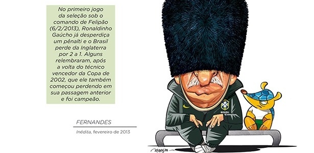 Trabalho recente de Fernandes mostra Felipão após sua estreia na seleção, no começo de 2013: derrota para a Inglaterra - Reprodução