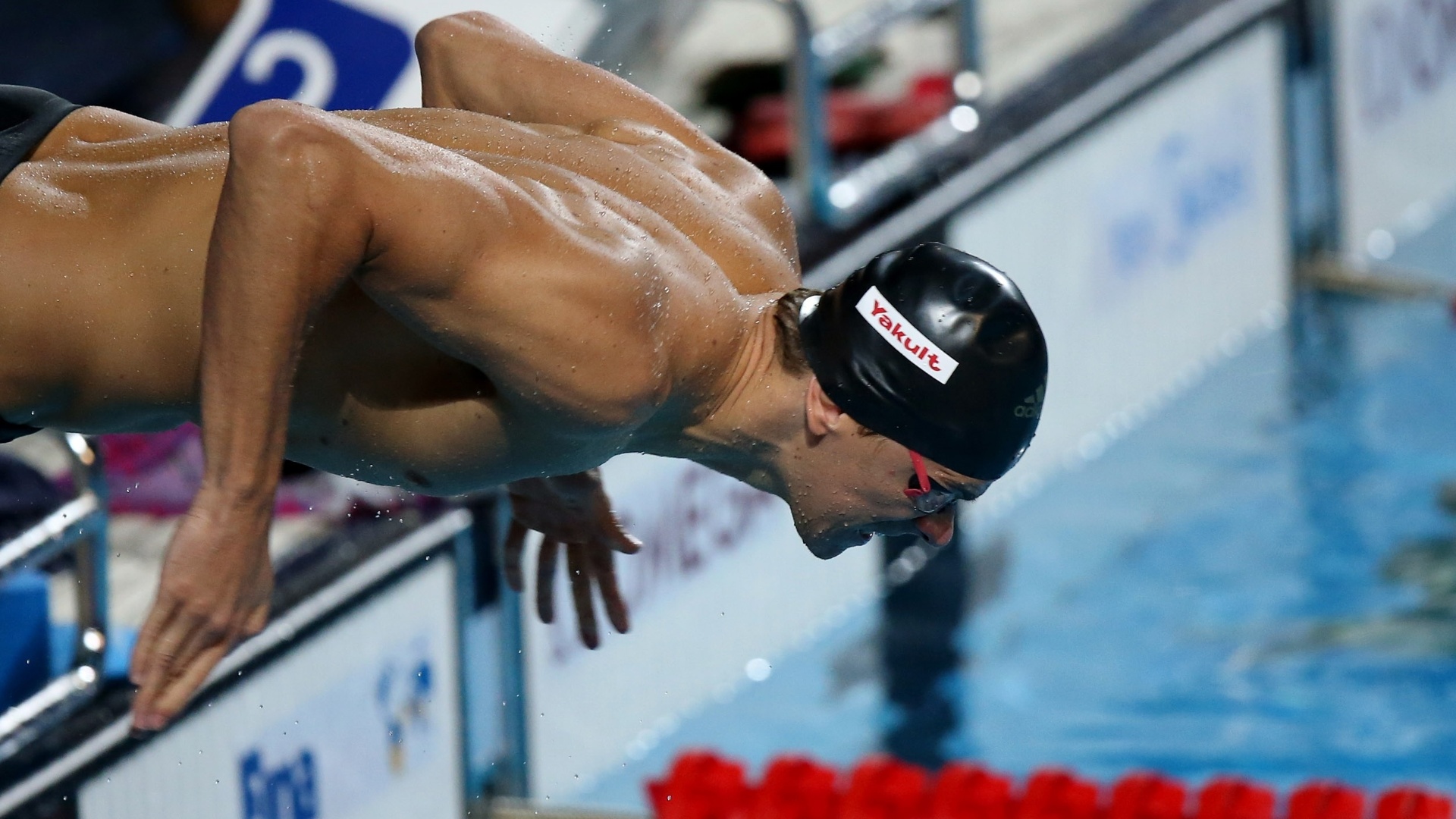 24.jul.2013 - Cesar Cielo salta na piscina durante treino no Palau Sant Jordi, palco das provas de natação do Mundial de Barcelona