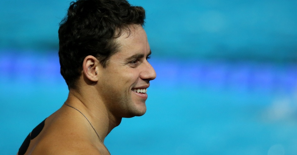 24.jul.2013 - Thiago Pereira sorri durante treino no Palau Sant Jordi, palco das provas de natação do Mundial de Barcelona