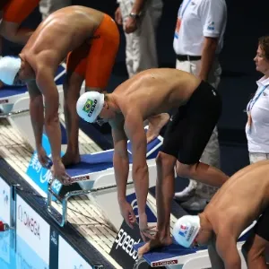 2.ago.2013 - César Cielo e MArcelo Chierighini se preparam para nadar as eliminatórias dos 50 m livre - Satiro Sodré/Divulgação CBDA