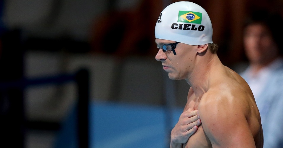 2.ago.2013 - César Cielo se prepara para nadar as semifinais dos 50 m livre; ele se classificou para a decisão