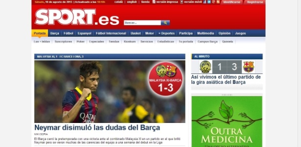 Jornal Sport exalta atuação de Neymar, mas se mostra preocupado com time do Barça - Reprodução