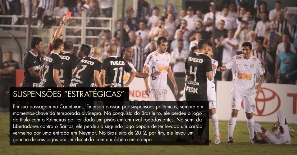 Suspensões estratégicas - Em sua passagem no Corinthians, Emerson passou por suspensões polêmicas, sempre em momentos-chave da temporada alvinegra. Na conquista do Brasileiro, ele perdeu o jogo do título com o Palmeiras por ter dado um pisão em um rival rodadas antes. Na semi da Libertadores contra o Santos, ele perdeu o segundo jogo depois de ter levado um cartão vermelho por uma entrada em Neymar. No Brasileiro de 2012, por fim, ele levou um gancho de seis jogos por ter discutido com um árbitro em campo. - Fernando Donasci/UOL