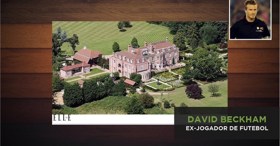 Essa é a mansão em que David Beckham mora com sua família nos arredores de Londres: o terreno tem no total 24 mil metros quadrados. Eles possuem uma piscina interior, uma exterior, um mini-zoológico, um estúdio de gravação, sala de snooker, academia e uma quadra de tênis - Arte/UOL - Reprodução/Elle
