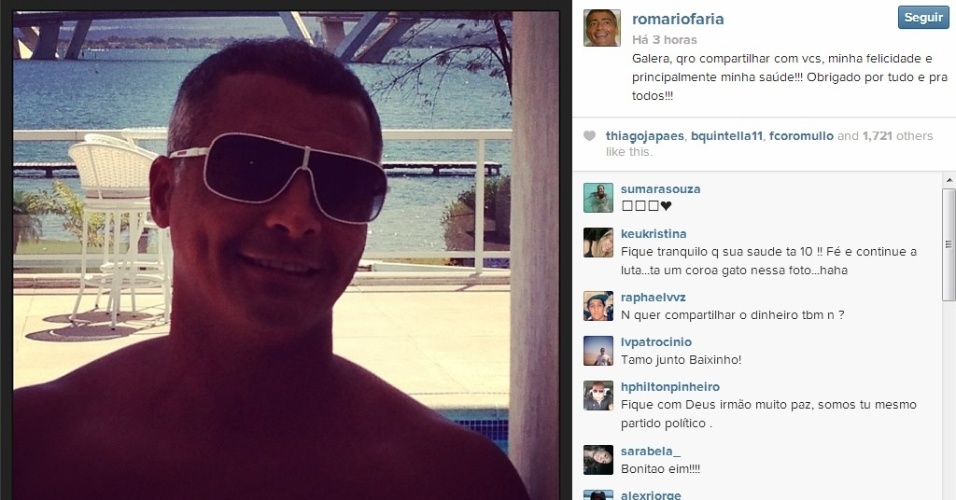31/08/2013 - Romário recebe alta de hospital e posta foto no Instagram