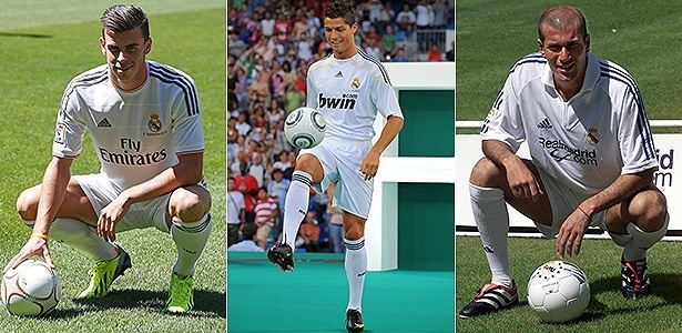 Bale (e), Cristiano Ronaldo (c) e Zidane em suas apresentações no Real Madrid: três mais caros da história - Reuters, Getty Images e AFP