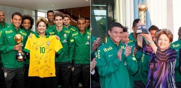 Presidente Dilma Rousseff recebeu a seleção brasileira e ergueu a taça da Copa das Confederações