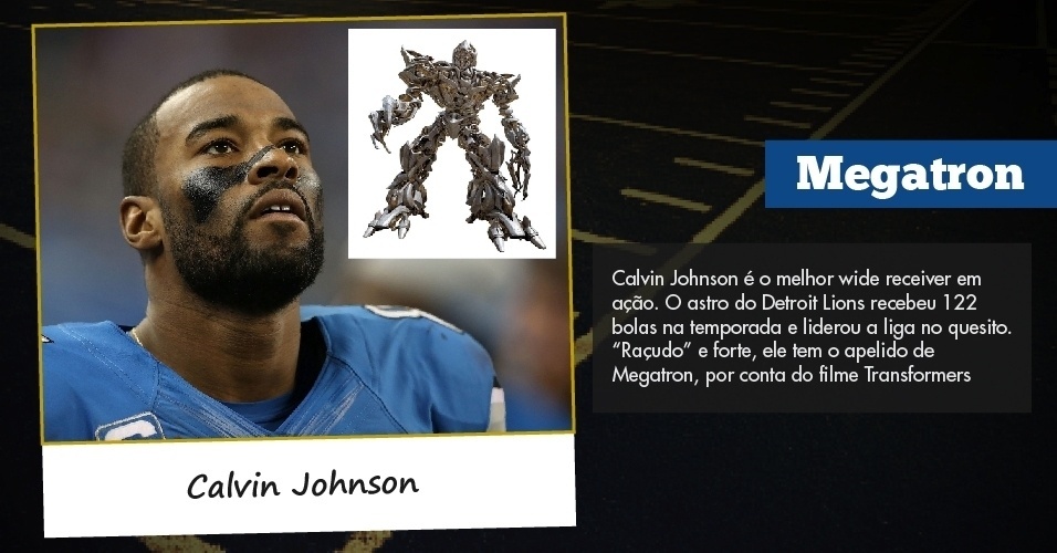 Calvin Johnson é o melhor wide receiver em ação. O astro do Detroit Lions recebeu 122 bolas na temporada e liderou a liga no quesito. ?Raçudo? e forte, ele tem o apelido de Megatron, por conta do filme Transformers