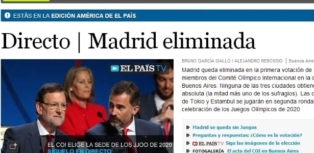 Jornal "El País" também lamentou a eliminação de Madri no processo de escolha da sede dos Jogos Olímpicos de 2020