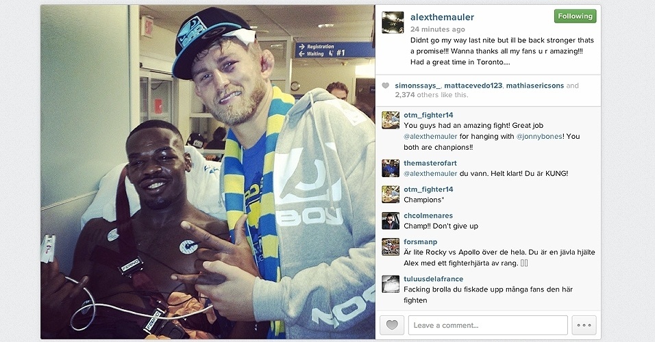 Alexander Gustafsson posta foto ao lado de Jon Jones em hospital depois da luta - Reprodução/Instagram/Alexander Gustafsson