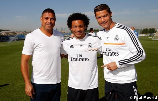 Ronaldo, Marcelo e Cristiano Ronaldo durante visita do Fenômeno ao Real Madrid